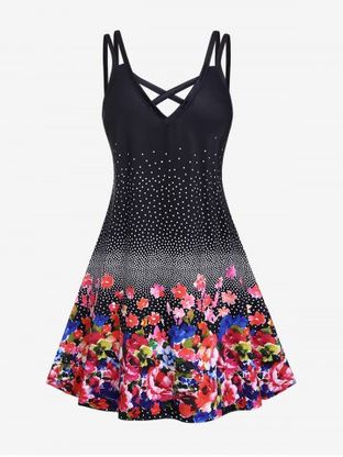 Plus Size Floral Print Polka Dot Crisscross Dress
