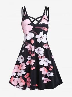 Plus Size Peach Blossom Print Crisscross Sundress - BLACK - 5X | US 30-32
