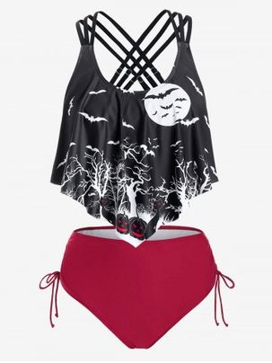 Plus Size Crisscross Bat Pumpkin Print Ruffled Overlay Tankini Swimsuit