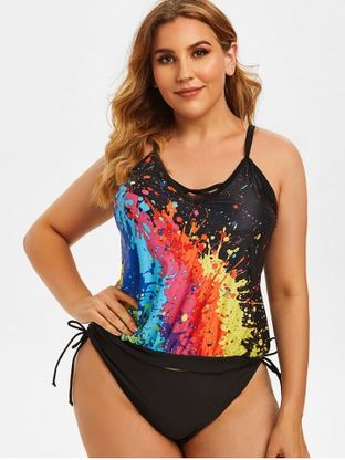 Plus Size Crisscross Paint Splatter Cinched Tankini Swimsuit