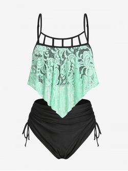 Plus Size Cutout Lace Ruffle Overlay Cinched Tankini Swimsuit - MULTI-A - L