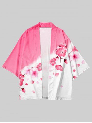 Plus Size Sakura Print Open Kimono - LIGHT PINK - 3XL