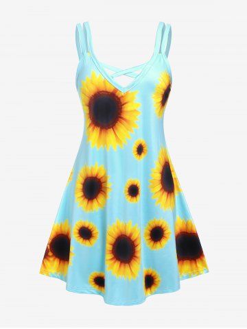 Plus Size Sunflower Print Crisscross Sundress - LIGHT BLUE - 3X | US 22-24