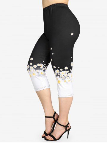 Plus Size High Rise Daisy Print Skinny Capri Leggings - BLACK - 5X | US 30-32