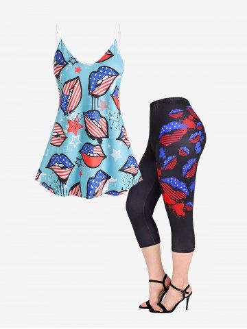 American Flag Lip Print Patriotic Tank Top and American Flag Lips Leggings Plus Size Summer Outfit - LIGHT BLUE