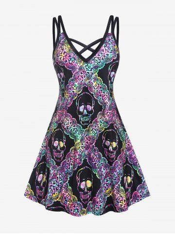 Plus Size Gothic Skull Print Crisscross Dress - BLACK - 2X | US 18-20