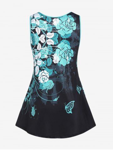 Plus Size Flower Butterfly Colorblock Lace Panel Tank Top