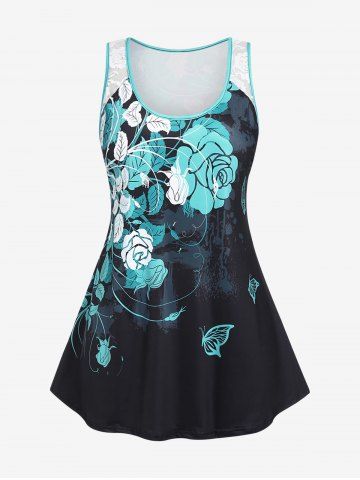 Plus Size Flower Butterfly Colorblock Lace Panel Tank Top