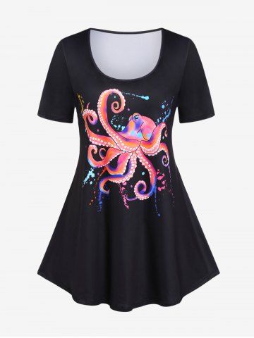 Plus Size 3D Octopus Print Short Sleeves Tee - BLACK - 5X | US 30-32