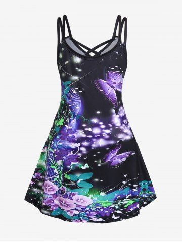 Plus Size Floral Butterfly Print Crisscross Sundress
