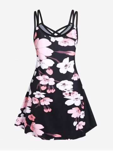 Plus Size Peach Blossom Print Crisscross Sundress