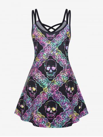 Plus Size Gothic Skull Print Crisscross Dress