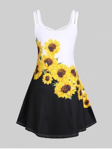 Plus Size Sunflower Print Two Tone Crisscross Sleeveless Sundress
