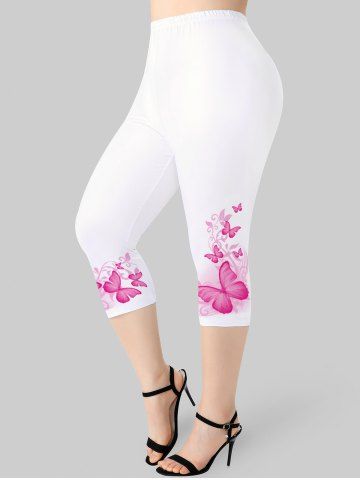Plus Size & Curve High Waisted Butterfly Print Capri Leggings - LIGHT PINK - 4X | US 26-28