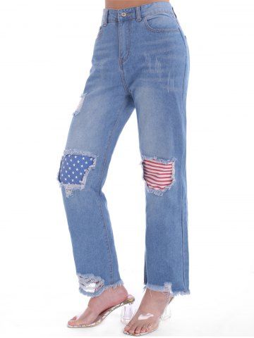 American Flag Patches Ripped Jeans - BLUE - M