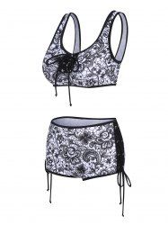 Maillot de Bain Tankini à Imprimé Fleuri Cachemire à Lacets Style Bohémien - Noir M