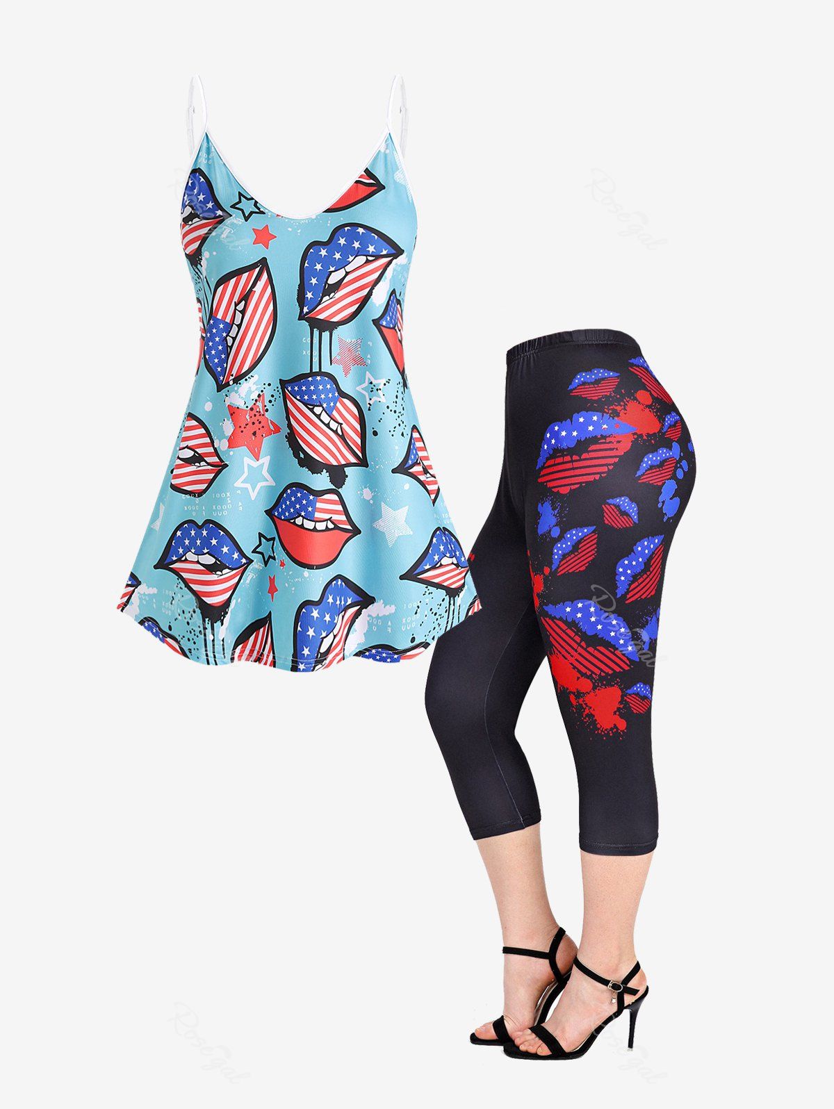 Fashion American Flag Lip Print Patriotic Tank Top and American Flag Lips Leggings Plus Size Summer Outfit  