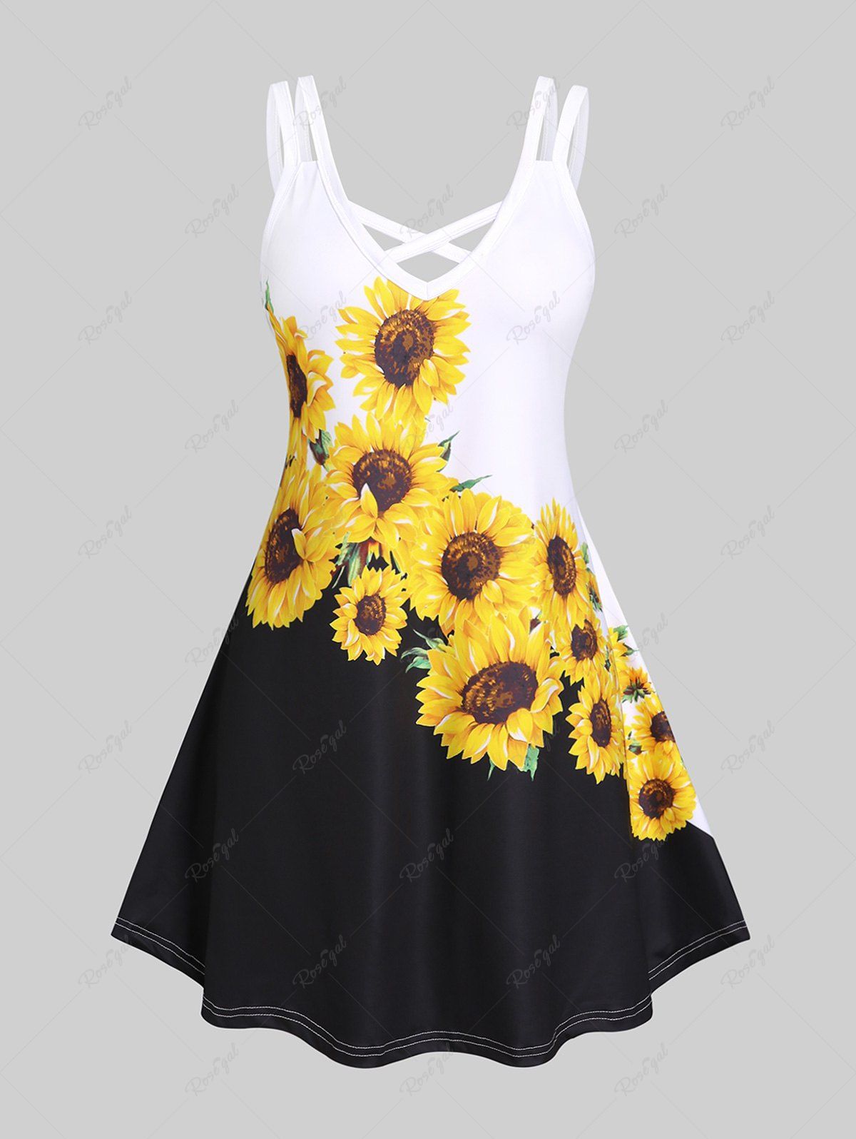 Trendy Plus Size Sunflower Print Two Tone Crisscross Sleeveless Dress  