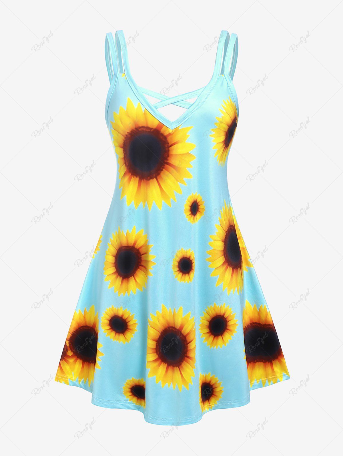 Latest Plus Size Sunflower Print Crisscross Sundress  