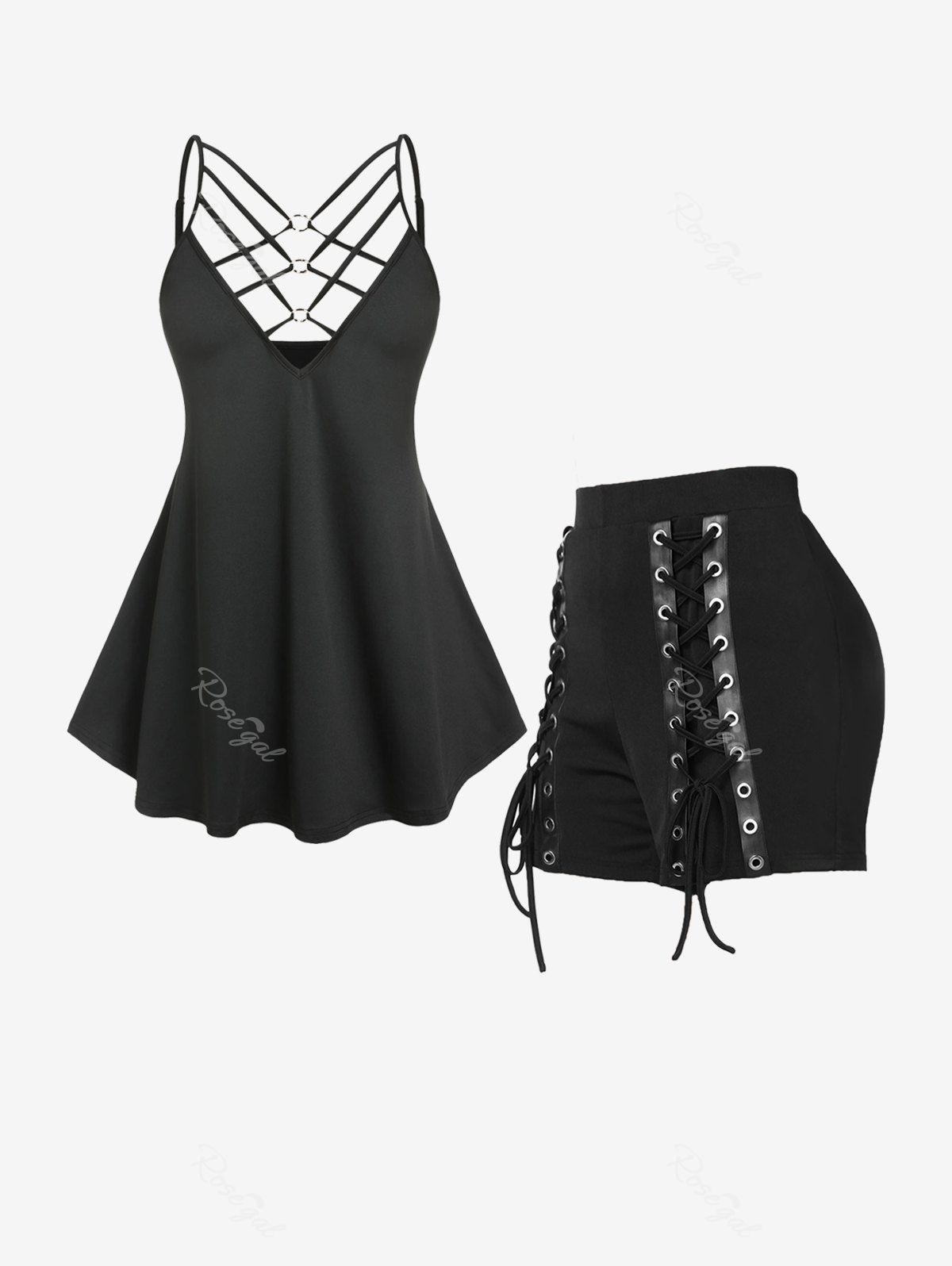 Online O-Ring Strappy Tank Top and Lace Up Shorts Gothic Plus Size Summer Outfit  