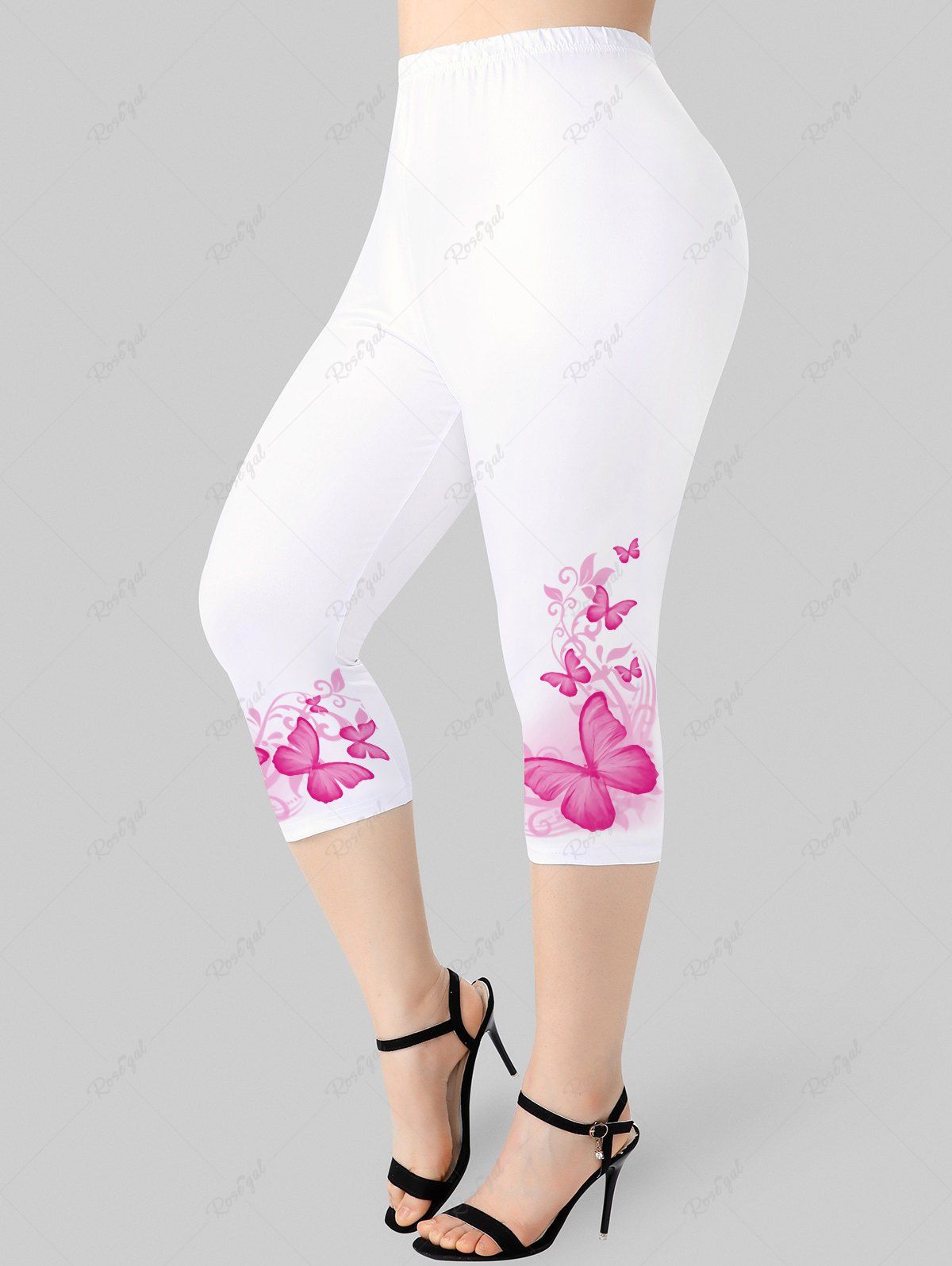 Nouvelle Collection New Womens Plus Size Cropped Leggings Ladies Butterfly Stud Rhinestone Trousers Bottoms Elasticated 3/4 Length 