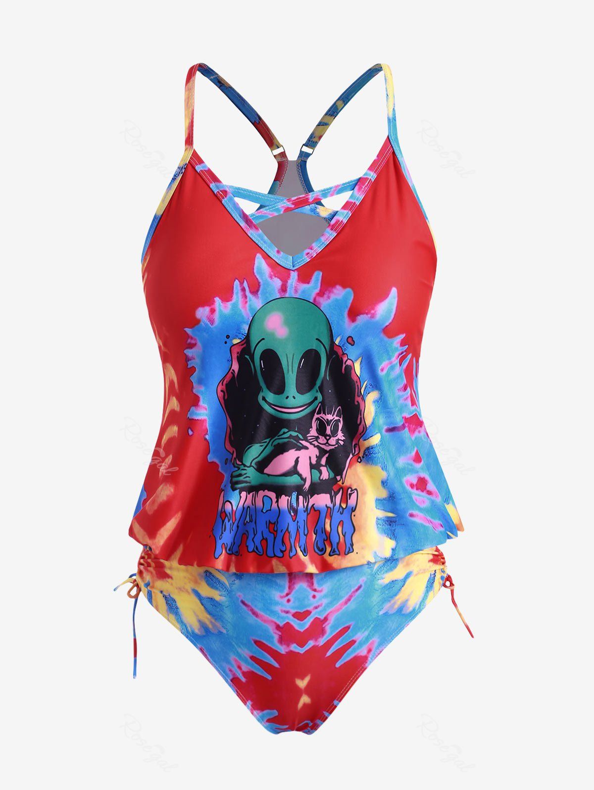Trendy Plus Size Crisscross Tie Dye Skull Print Cinched Tankini Swimsuit  