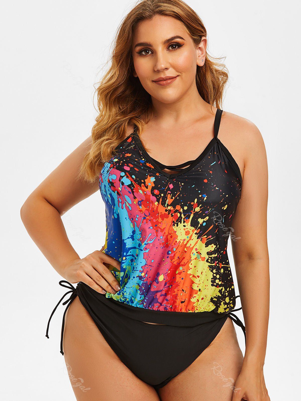 New Plus Size Crisscross Paint Splatter Cinched Tankini Swimsuit  