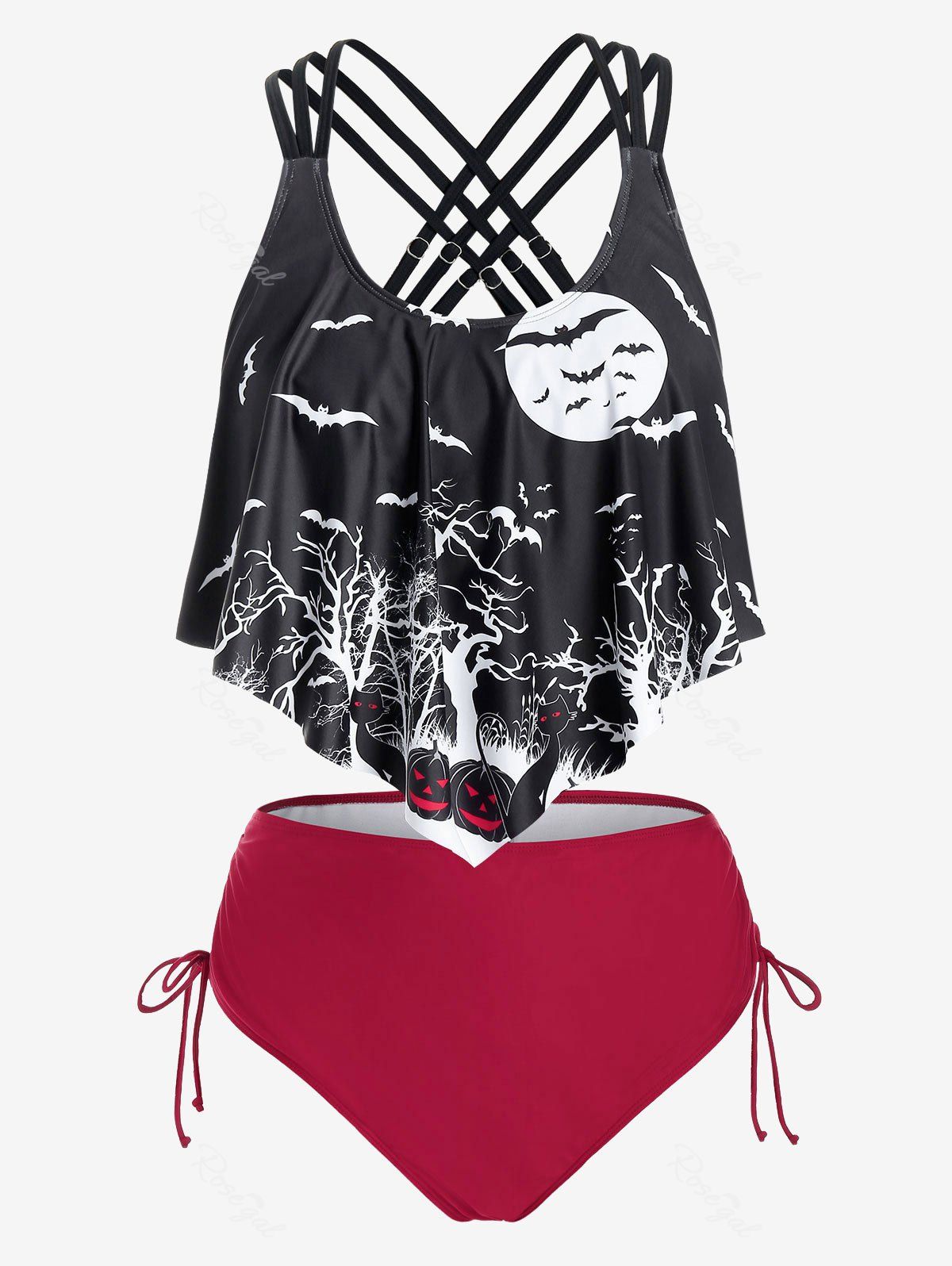 Outfit Plus Size Crisscross Bat Pumpkin Print Ruffled Overlay Tankini Swimsuit  
