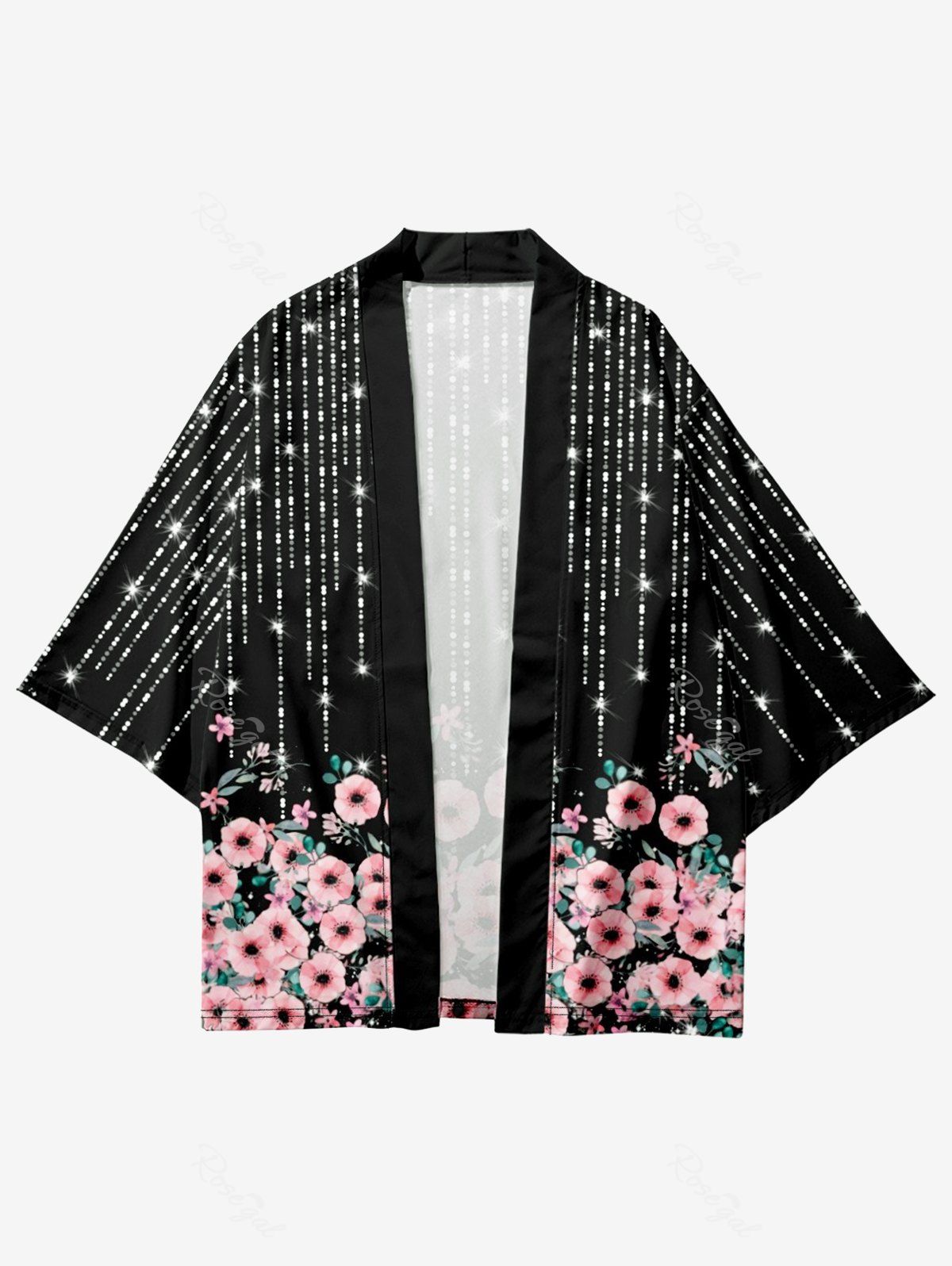 Kimono à Imprimé Floral et Lumière D'Etoiles Grande-Taille Noir M