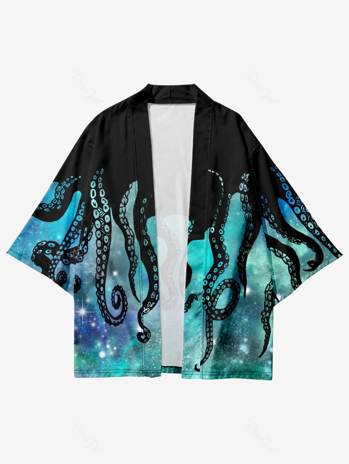 Kimono Ouvert en Avant à Imprimé Galaxie Pieuvre de Grande Taille Noir 4XL