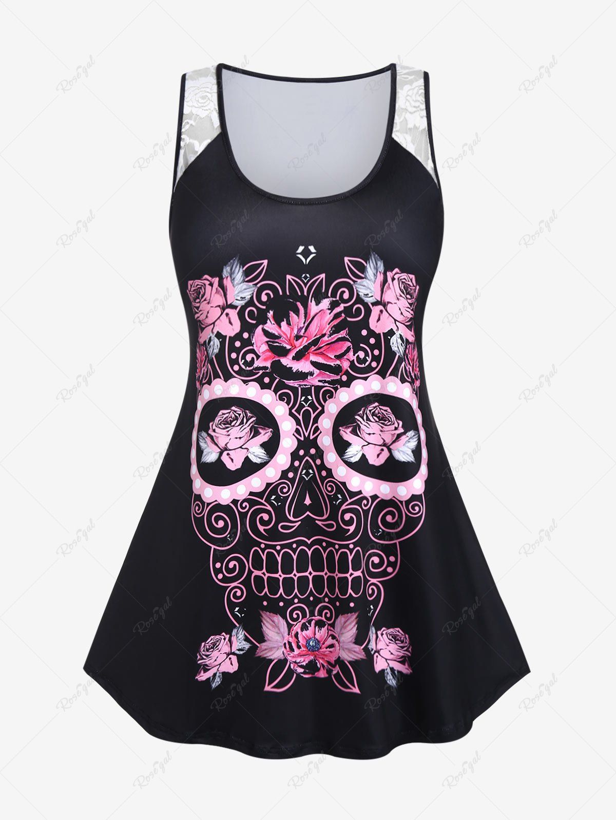 Affordable Plus Size Lace Panel Skull Pattern Colorblock Tank Top  