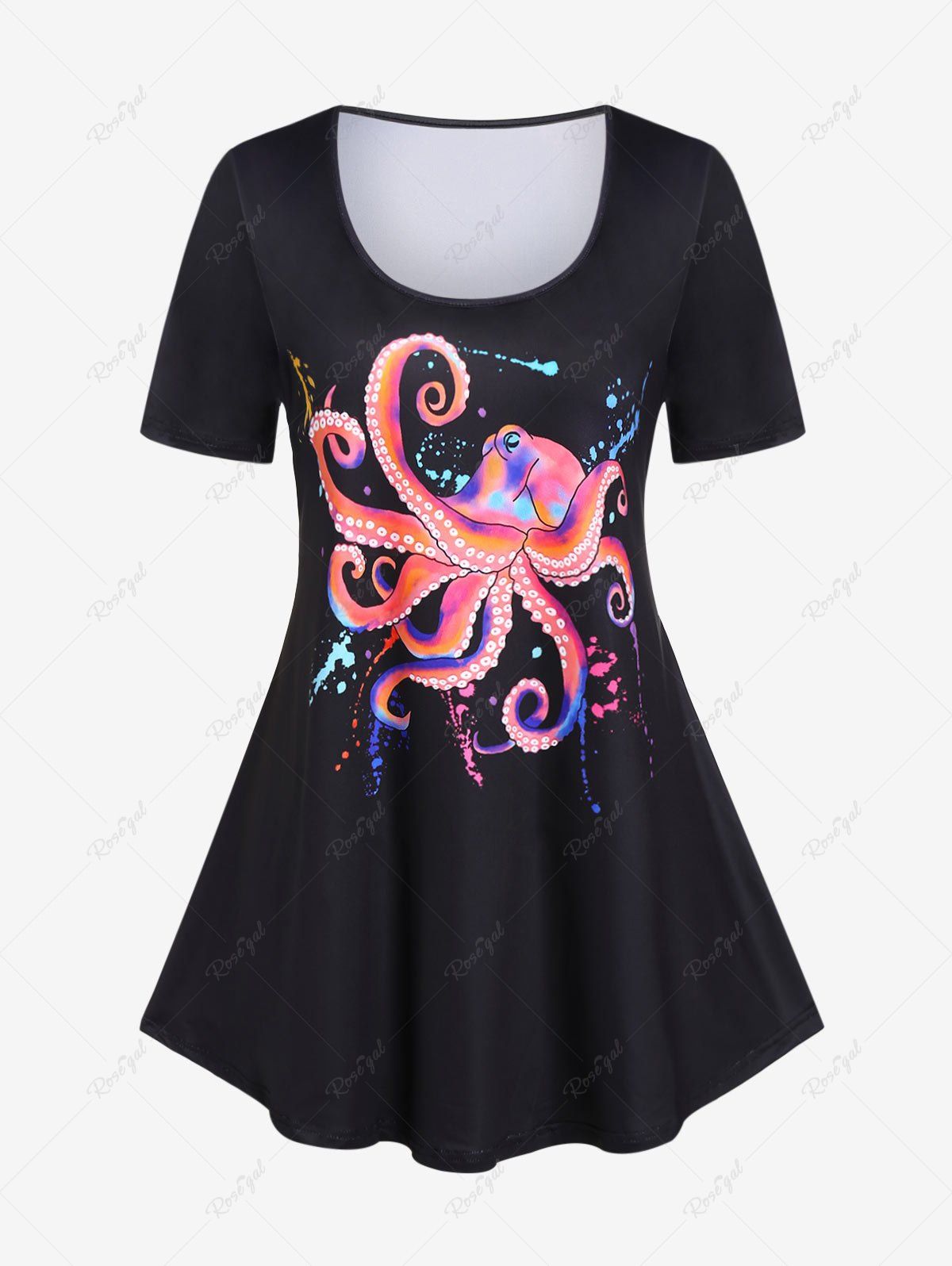 T-shirt à Imprimé 3D Pieuvre de Grande Taille à Manches Courtes Noir 5x | US 30-32