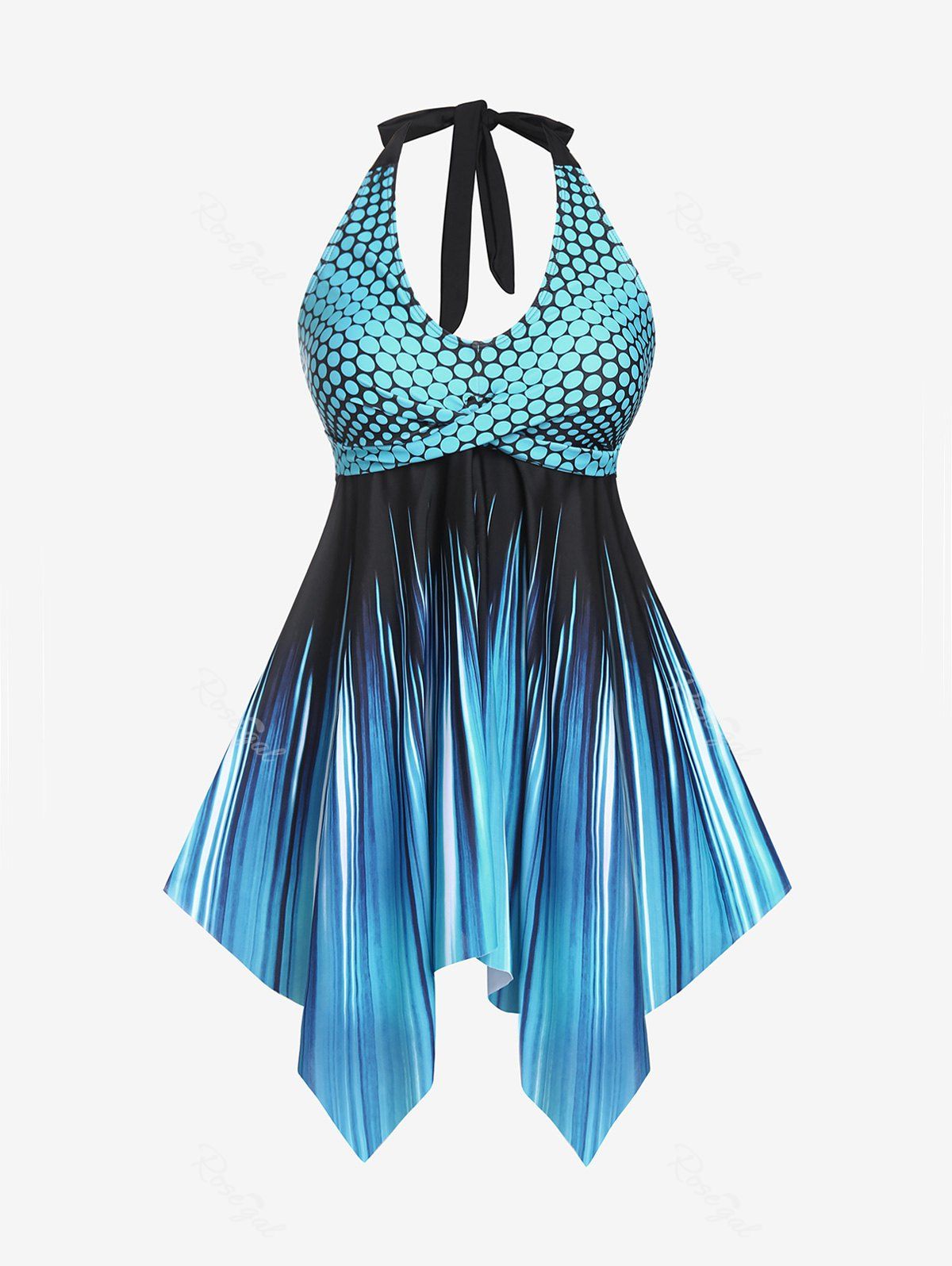 Chic Plus Size Halter Ombre Stripe Polka Dot Handkerchief Modest Swim Dress  
