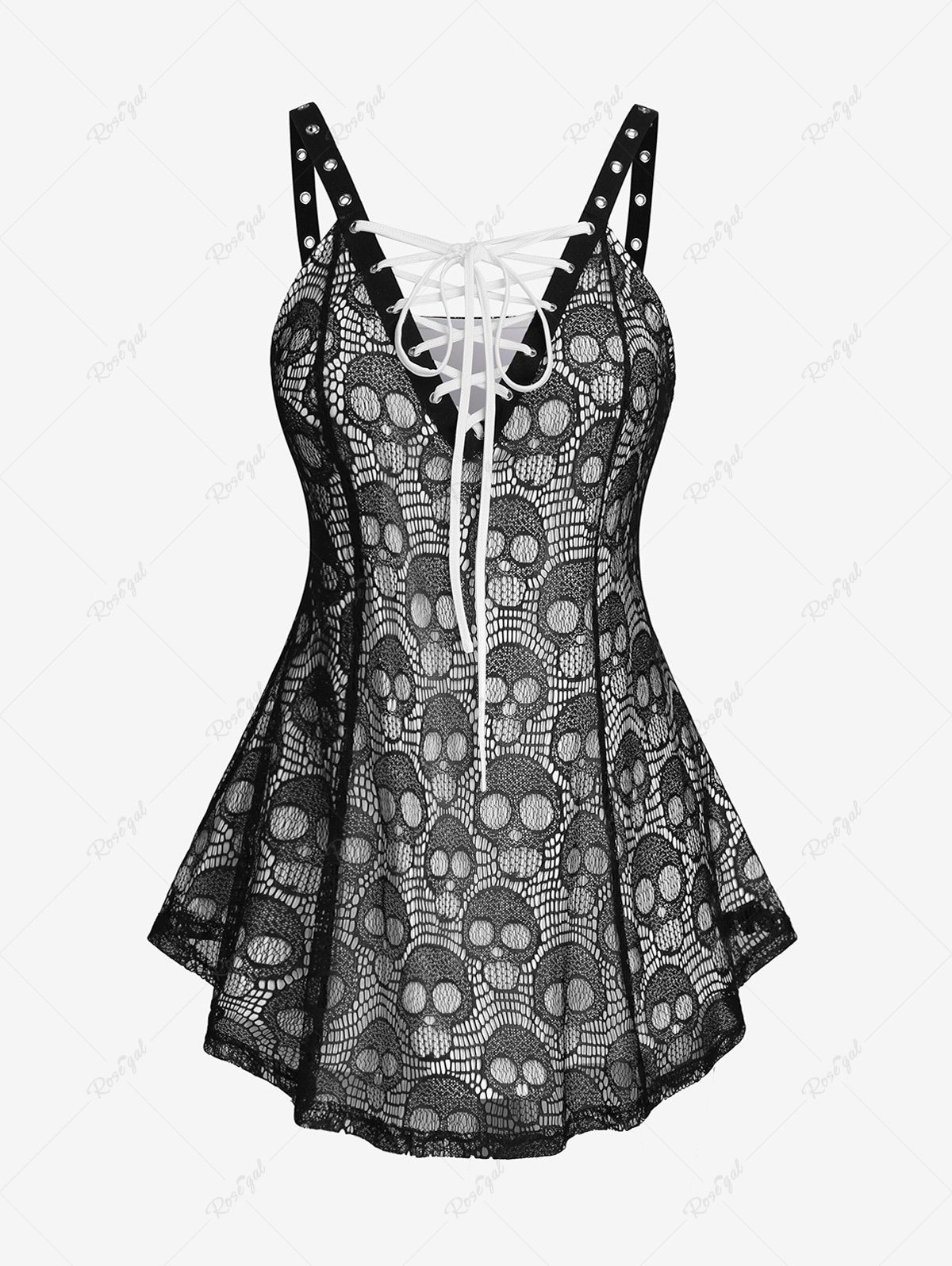 Chic Gothic Skulls Lace Up Grommet Colorblock Tank Top  