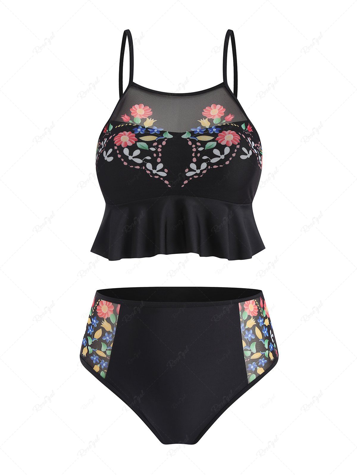 Store Plus Size Floral Mesh Insert Ruffle High Waist Tankini Swimwear  