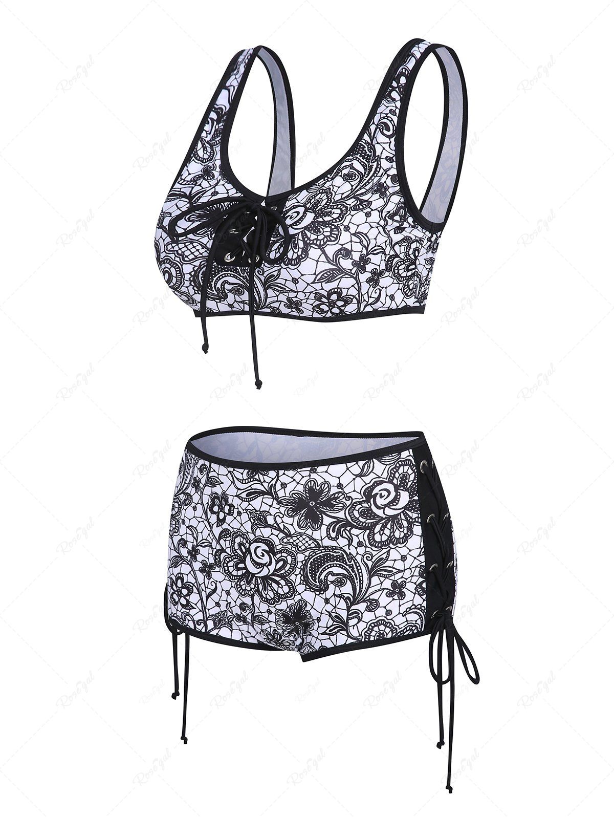 Maillot de Bain Tankini à Imprimé Fleuri Cachemire à Lacets Style Bohémien Noir XXXL