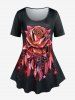 Ensemble de T-shirt à Attrape-Rêve Papillon et Legging à Imprimé Roses pour L'Été Grande Taille - Rouge 