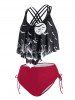Plus Size Crisscross Bat Pumpkin Print Ruffled Overlay Tankini Swimsuit -  
