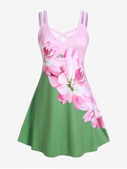 Plus Size Crisscross Floral Print Sundress - GREEN - 1X | US 14-16