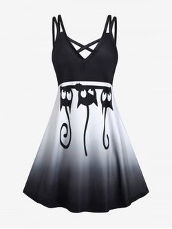 Plus Size Crisscross Monochrome Cat Print Dress - BLACK - S | US 8