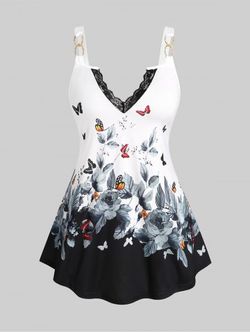 Plus Size V Neck Floral Butterfly Print Tank Top - WHITE - 2X | US 18-20