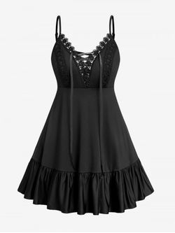 Plus Size Lace Panel Flounce Solid A Line Dress - BLACK - L | US 12