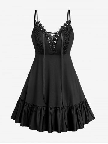 Plus Size Lace Panel Flounce Solid A Line Dress - BLACK - S | US 8