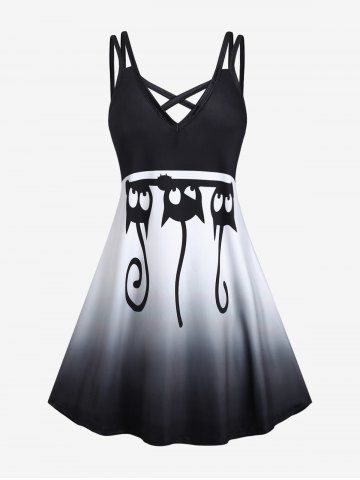Plus Size Crisscross Monochrome Cat Print Dress - BLACK - L | US 12