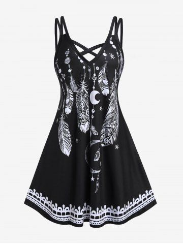 Plus Size Feather Print Crisscross Trapeze Dress - BLACK - 1X | US 14-16
