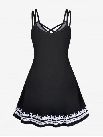 Plus Size Feather Print Crisscross Trapeze Dress