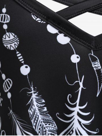 Plus Size Feather Print Crisscross Trapeze Dress