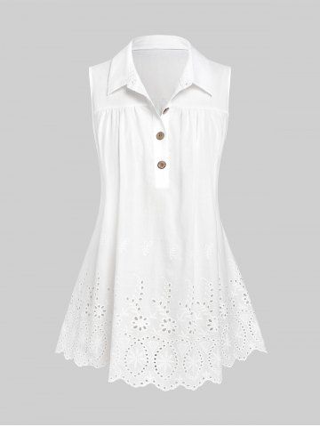 Plus Size Half Button Broderie Anglaise Sleeveless Blouse - WHITE - M | US 10