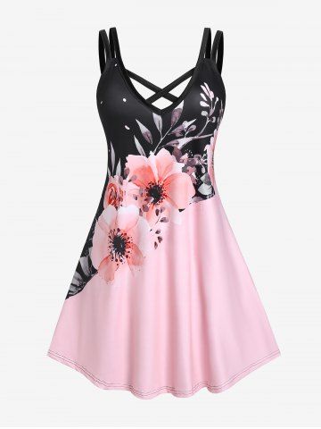 Vestido de Sol Talla Extra con Estampado de Flores de Color Bloque - MULTI-A - 1X | US 14-16