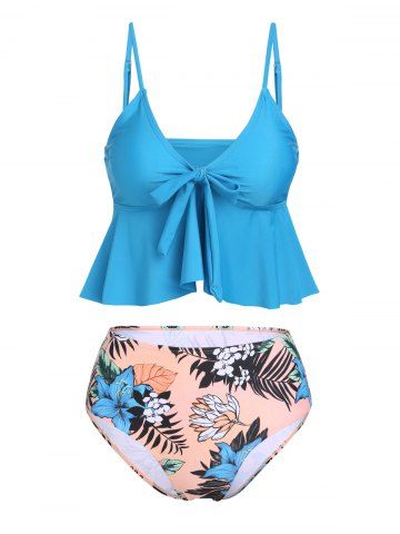 Beach Leaf Floral Print Bowknot Ruffle Tankini Swimwear - BLUE - M